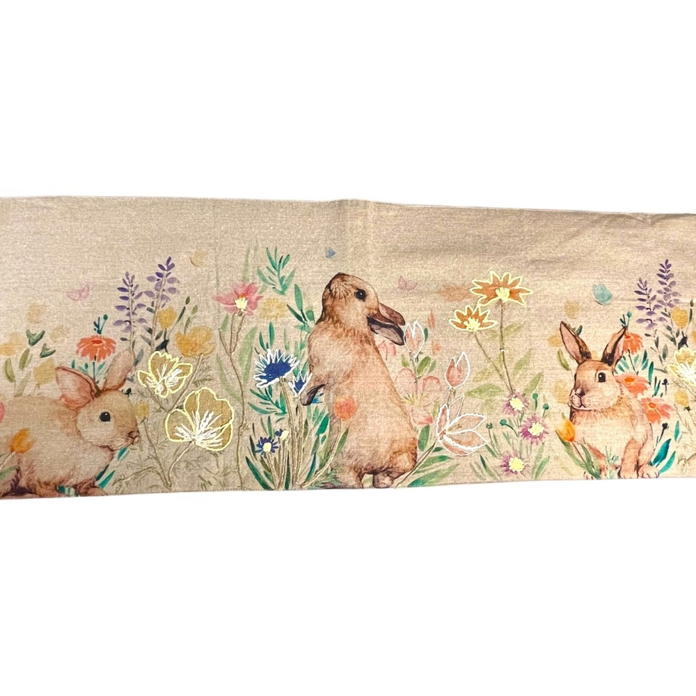 Rachel Zoe 72” Table Runner Beige Bunny Floral Print Easter Holiday Cottage Tan - Picture 1 of 8